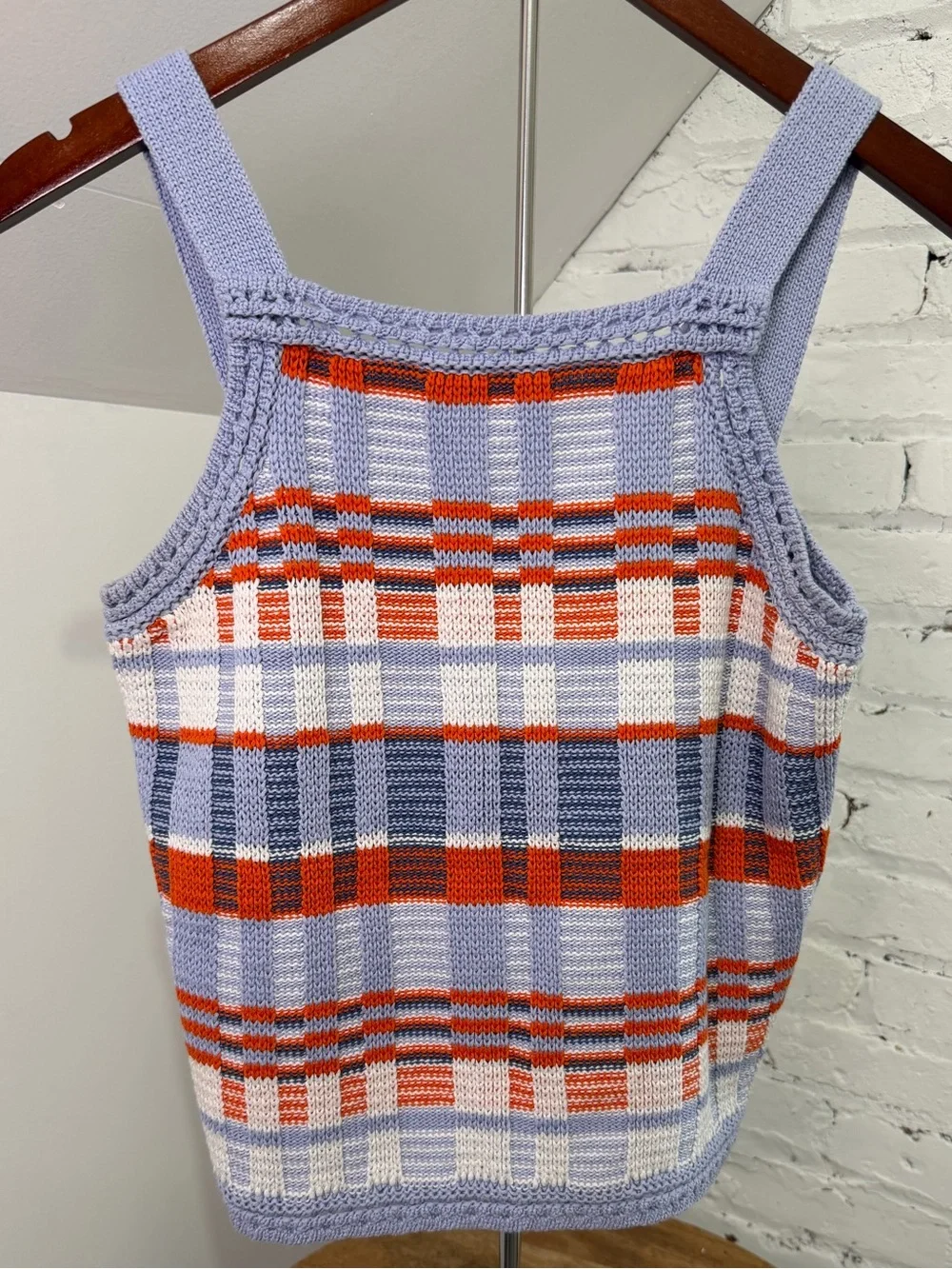 Banana Republic Plaid Crochet Sweater Tank Top Blue Orange Sleeveless Size S - Picture 1 of 5